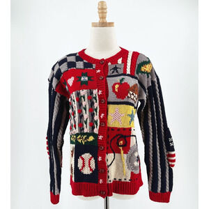 VTG 90s The Eagles Eye 3D Button Cardigan Medium Teacher USA Hand-knit Novelty